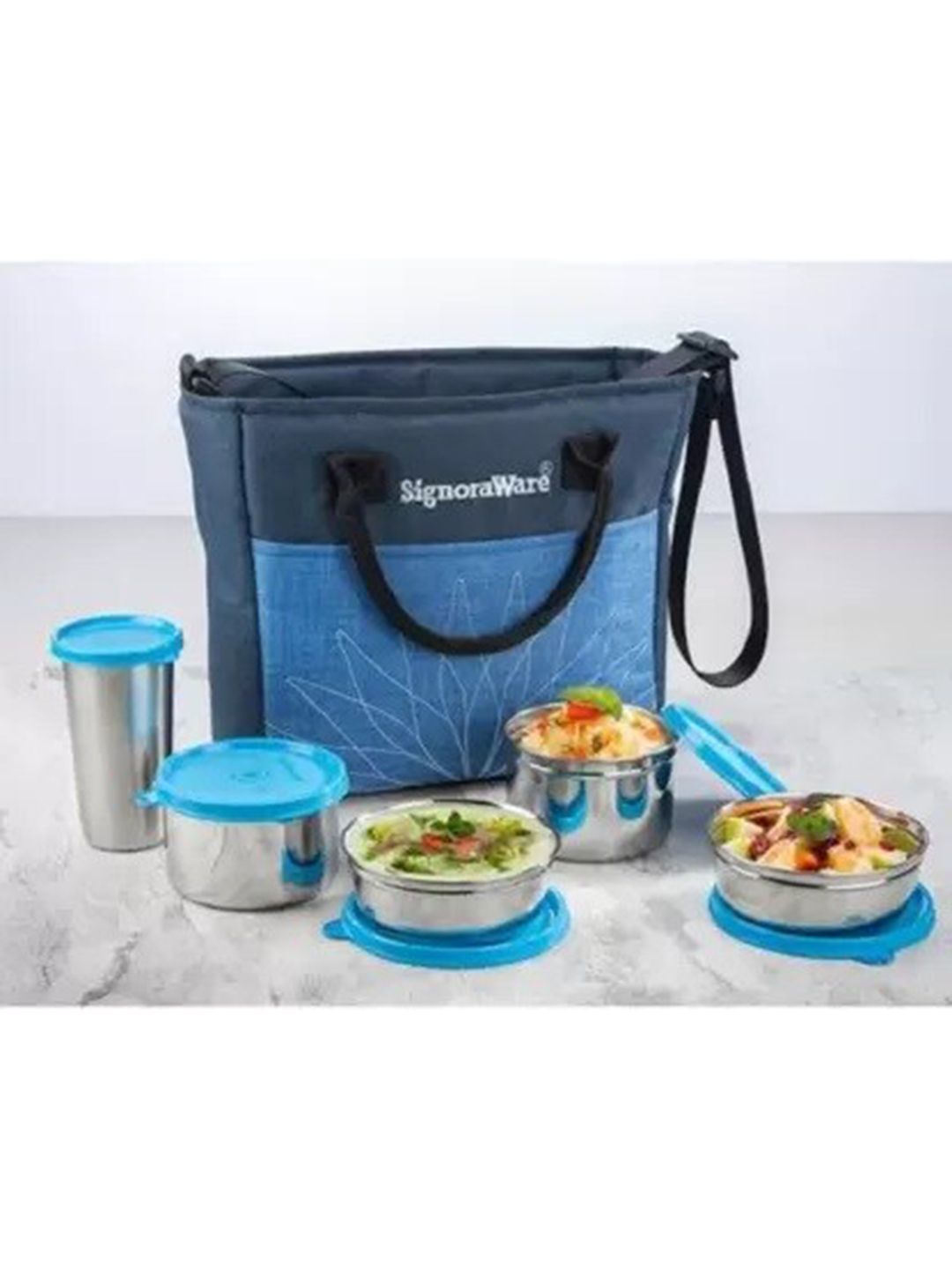 SignoraWare Blue Solid Stainless Steel Lunch Box With Bag Price in India