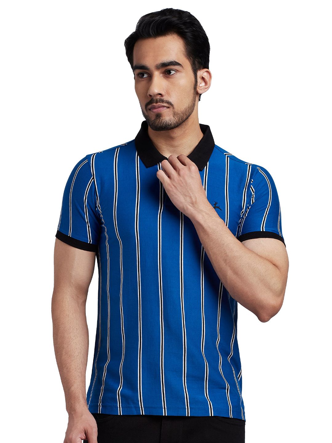 Parx Men Blue Striped Polo Collar Cotton T-shirt