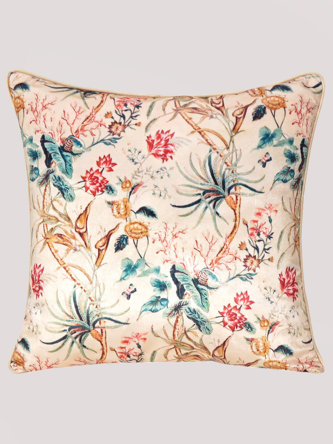 OUSSUM Beige & Pink Floral Velvet Square Cushion Cover Price in India