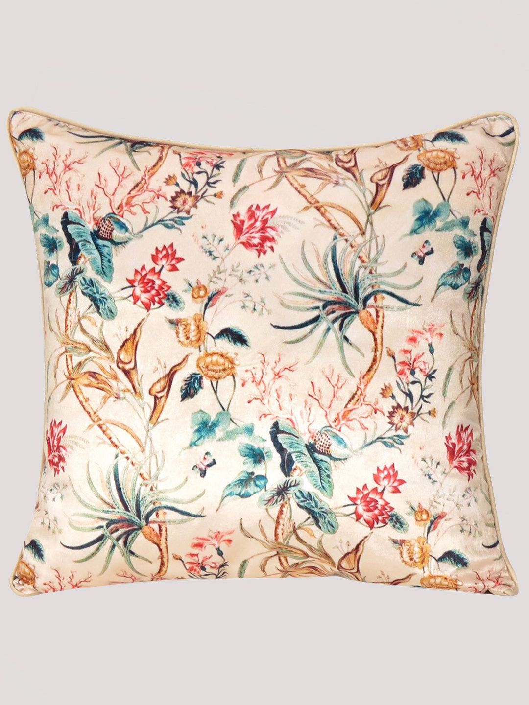 OUSSUM Beige & Green Floral Velvet Square Cushion Covers Price in India