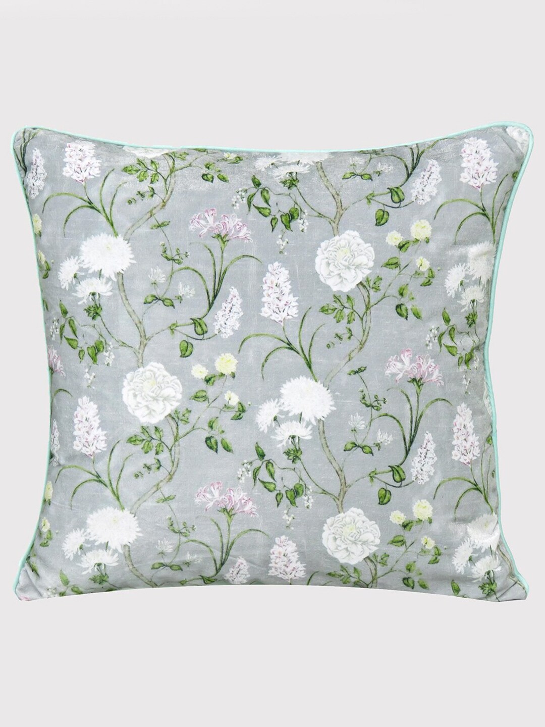 OUSSUM Grey & Off White Floral Velvet Square Cushion Covers Price in India
