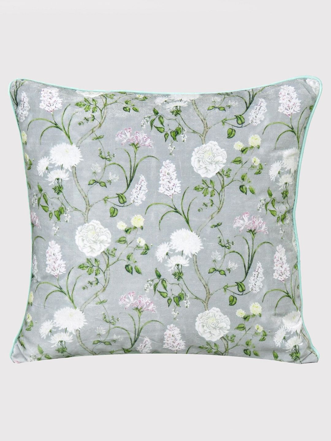 OUSSUM Grey & White Floral Velvet Square Cushion Cover Price in India