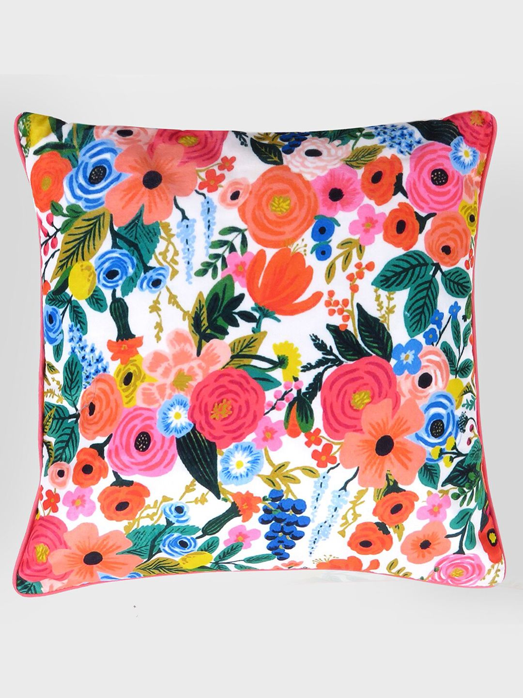 OUSSUM Red & Blue Floral Velvet Square Cushion Cover Price in India