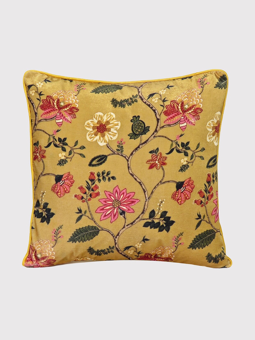 OUSSUM Yellow & Green Floral Printed Velvet Square Cushion Covers Price in India