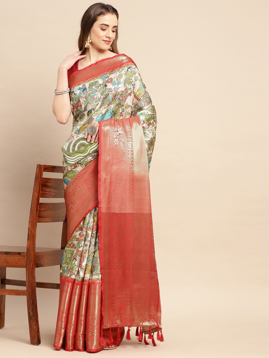 VASTRANAND Kalamkari Zari Silk Blend Banarasi Saree Price in India