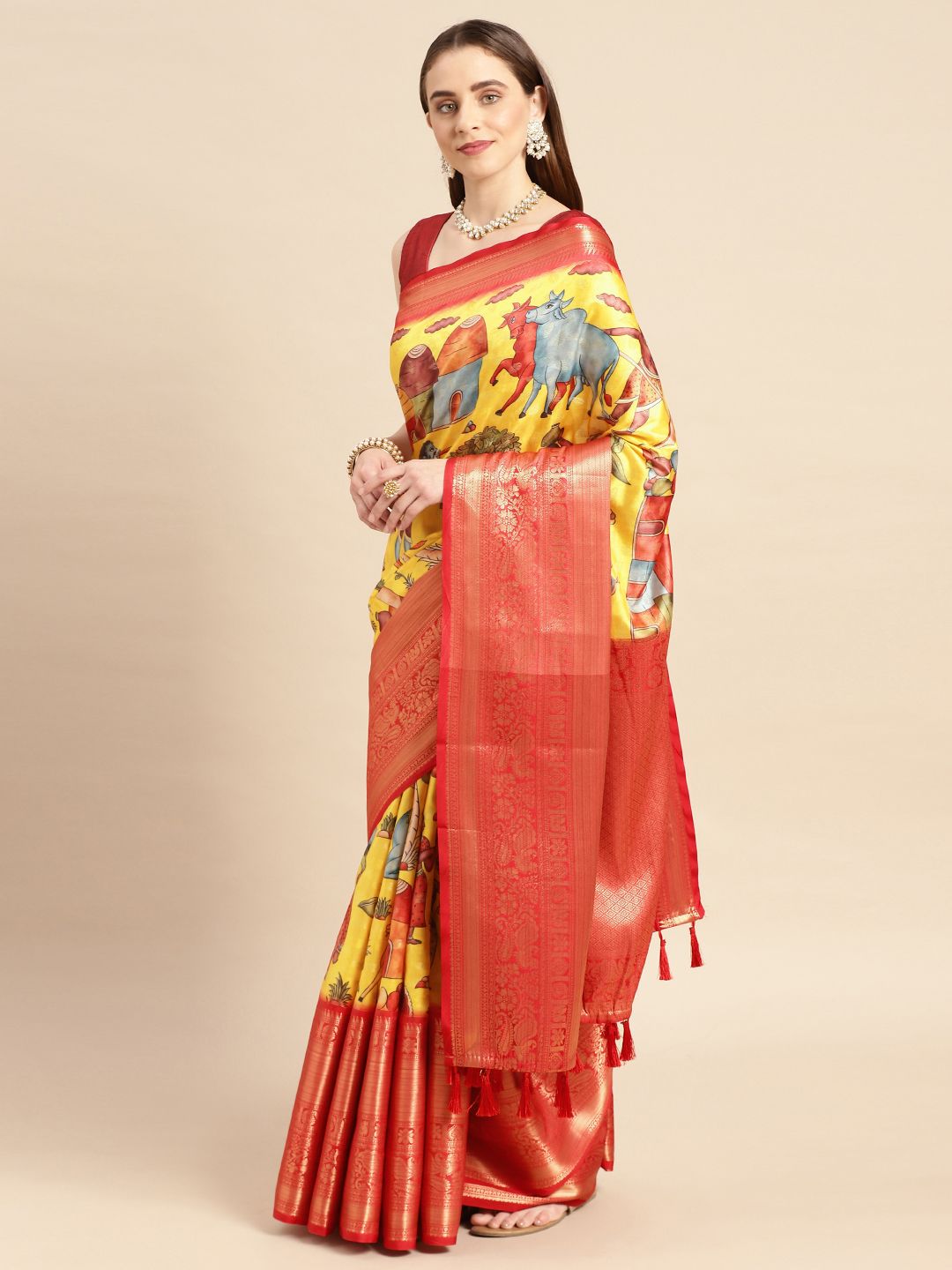 VASTRANAND Kalamkari Zari Silk Blend Banarasi Saree Price in India