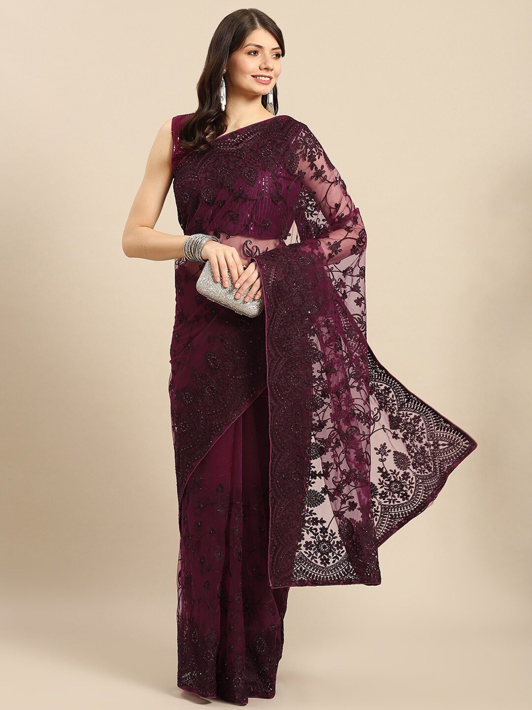 all about you Purple Floral Beads and Stones Net Mangalagiri Saree Price in India