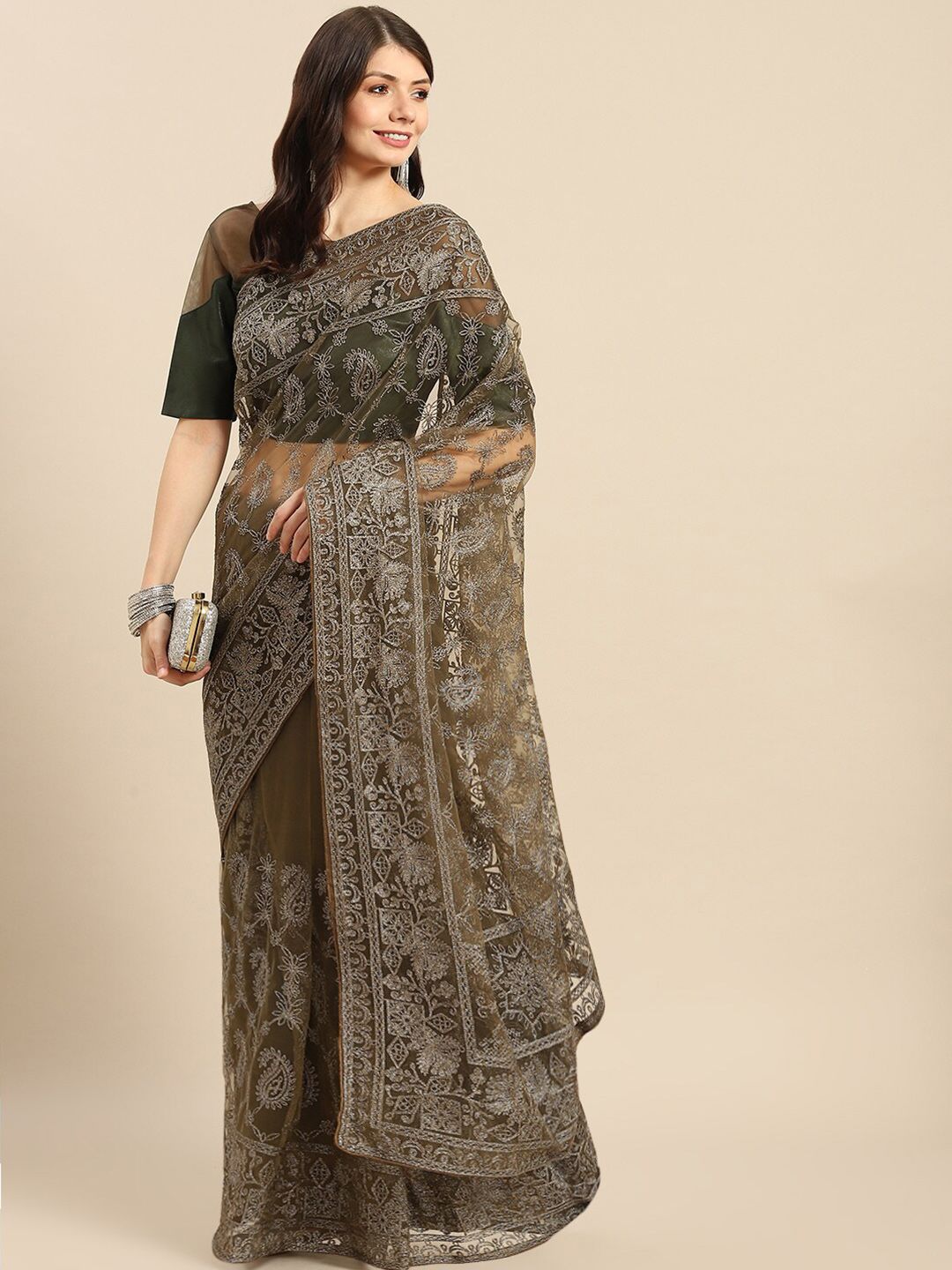 all about you Olive Green Paisley Beads and Stones Net Mangalagiri Saree Price in India