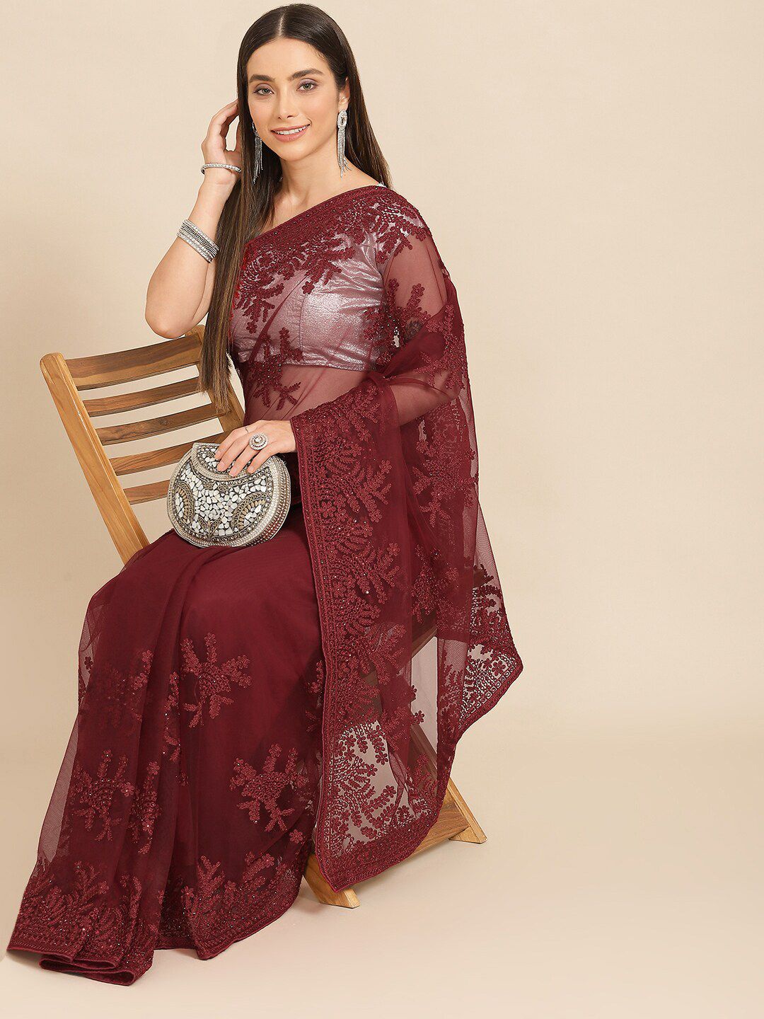 all about you Maroon Floral Beads and Stones Net Mangalagiri Saree Price in India