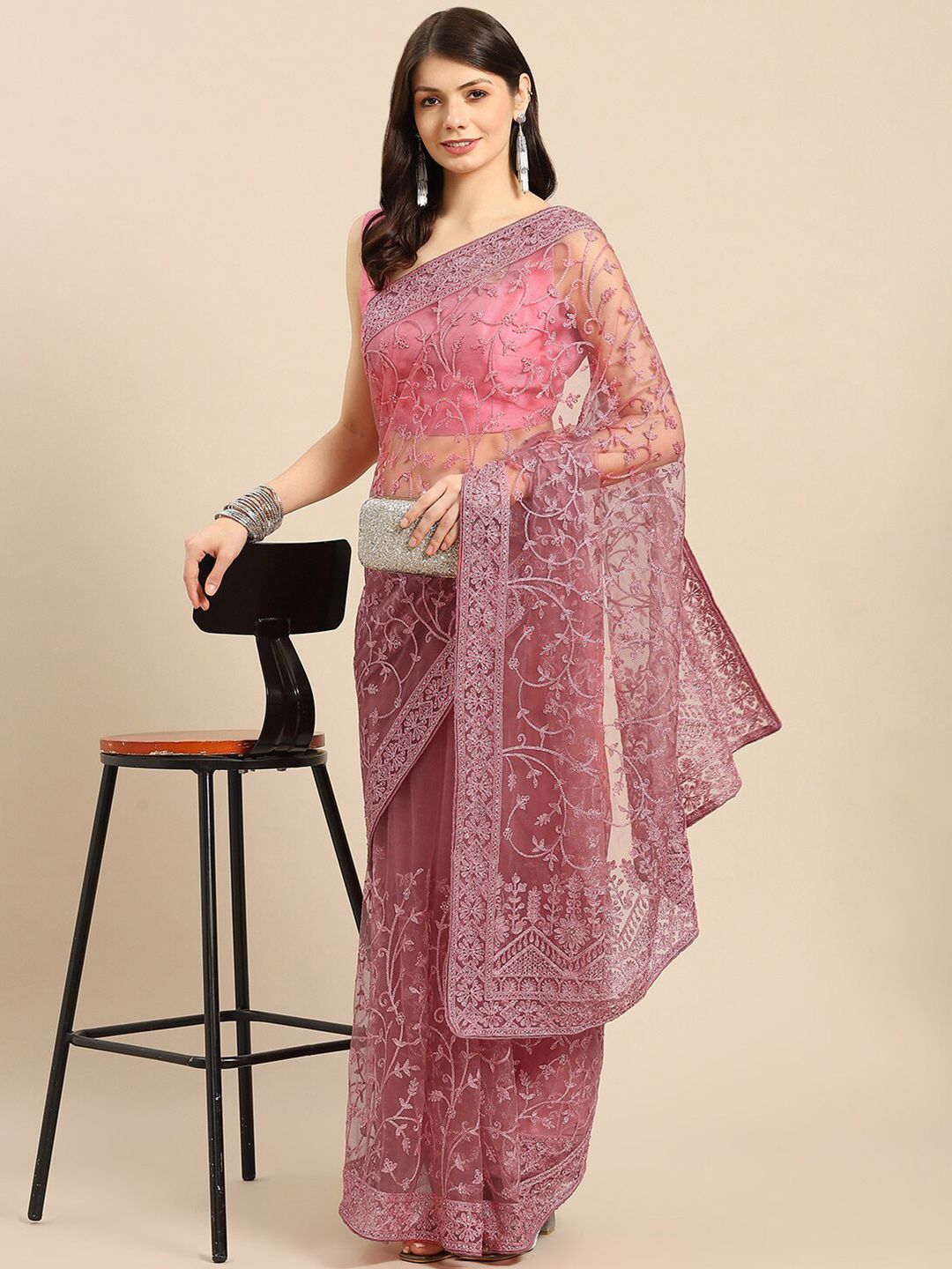 all about you Pink Floral Beads and Stones Net Mangalagiri Saree Price in India