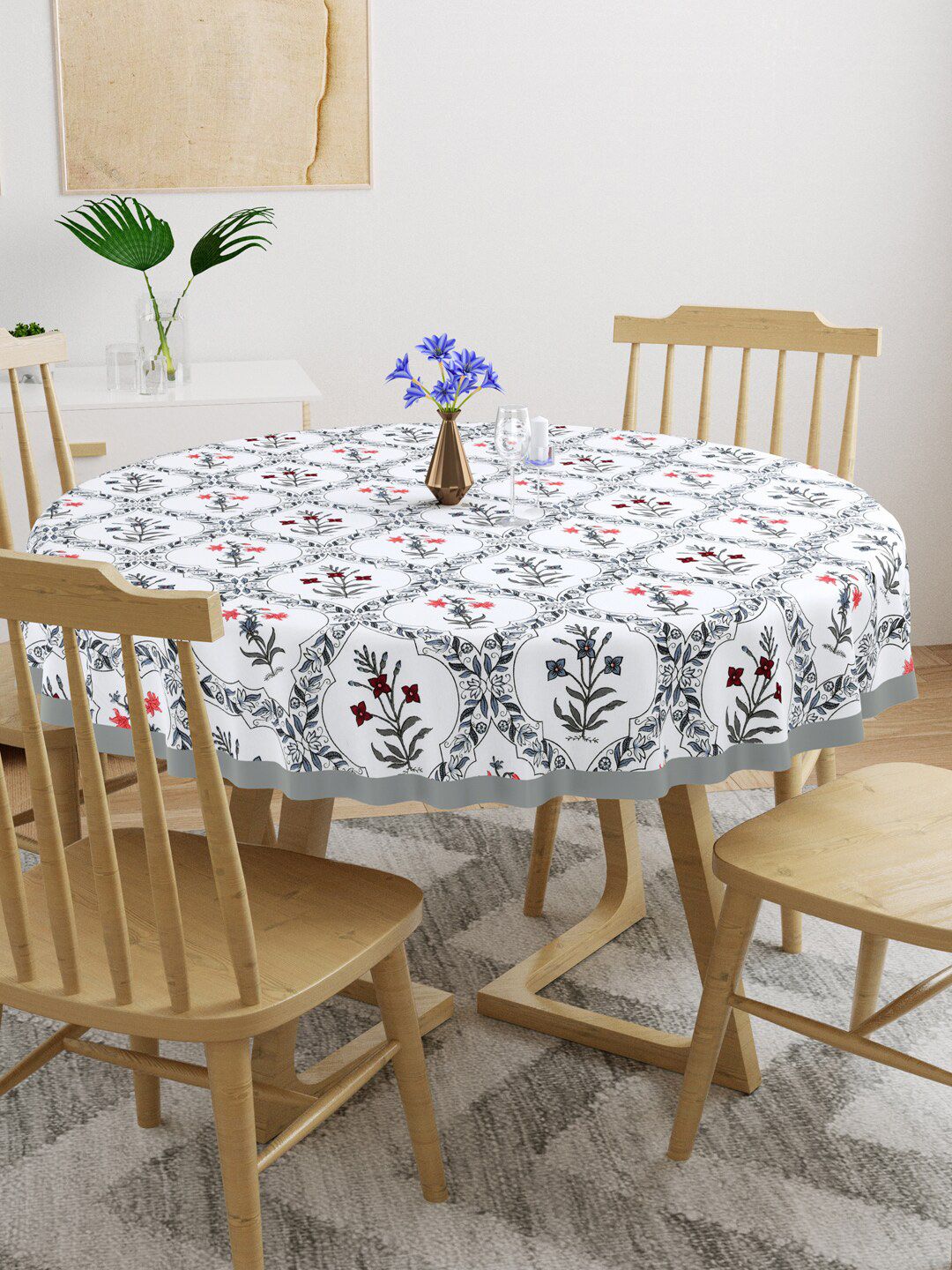 Gulaab Jaipur White & Grey Floral Printed 6-Seater Cotton Table Covers Price in India