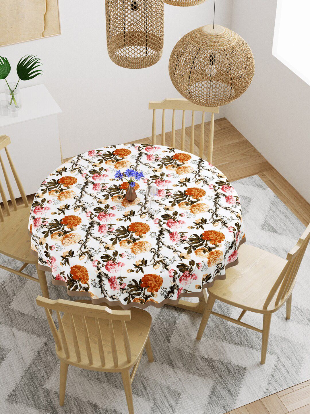 Gulaab Jaipur White & Orange Floral Printed 6-Seater Cotton Table Covers Price in India