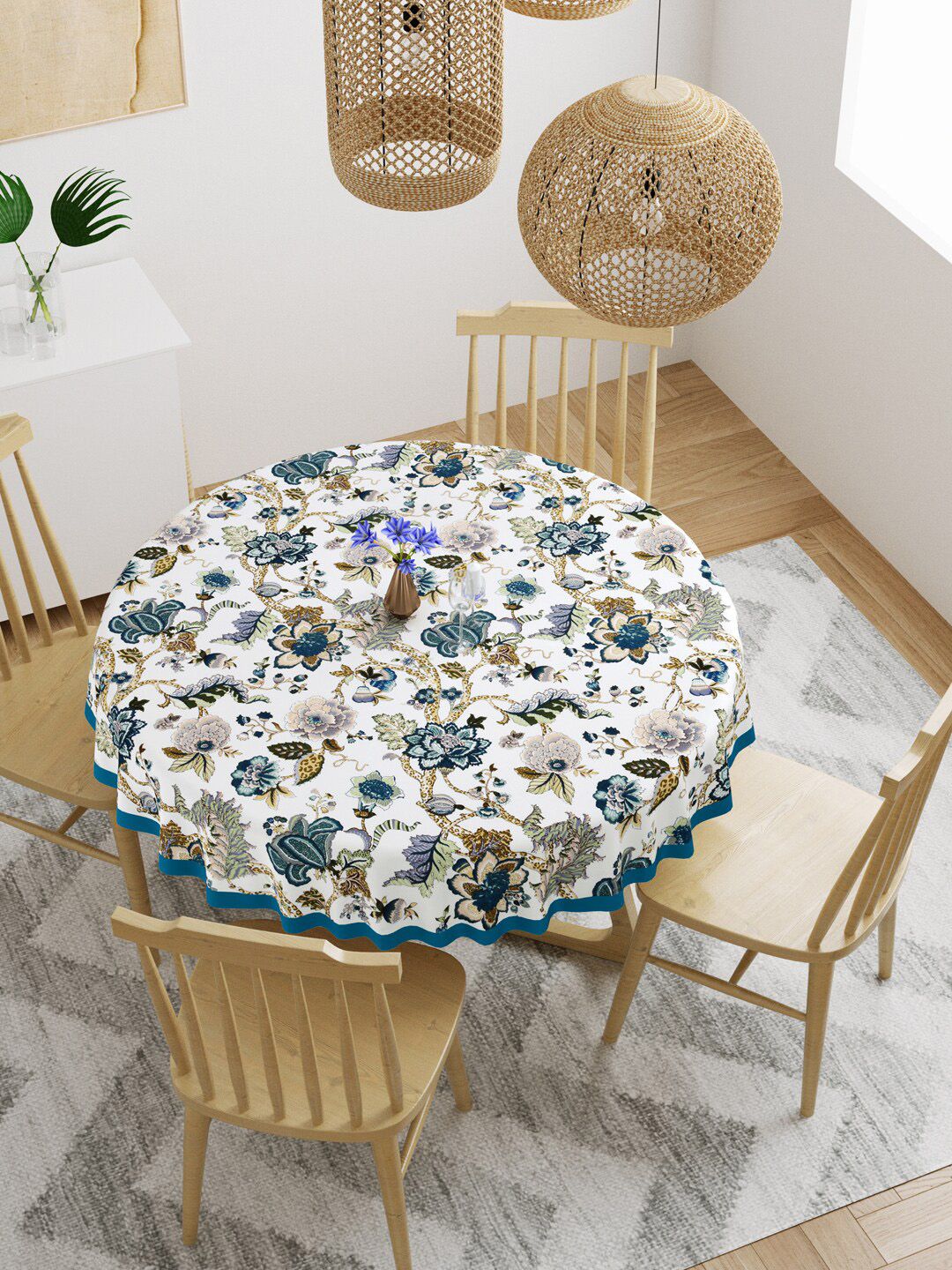 Gulaab Jaipur White & Teal Floral Printed 6-Seater Cotton Table Cover Price in India