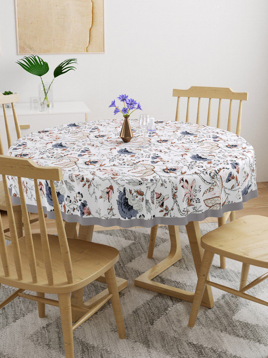 Gulaab Jaipur White & Blue Floral Printed 6-Seater Cotton Table Covers Price in India