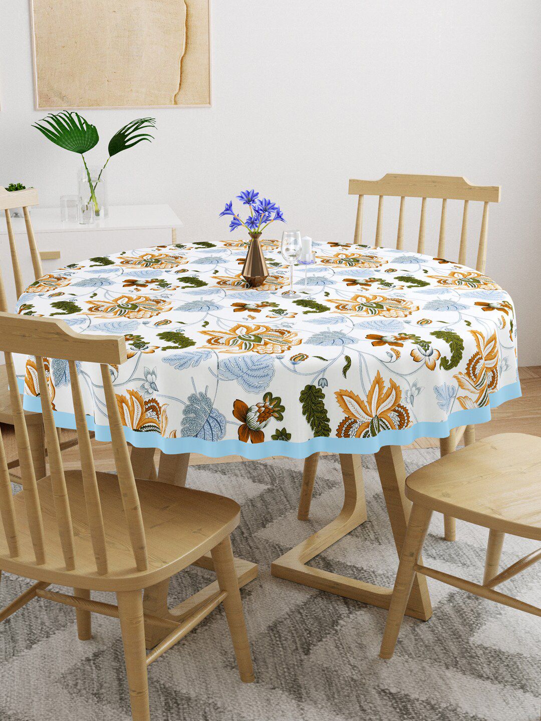 Gulaab Jaipur White & Blue Floral Printed 6-Seater Cotton Table Covers Price in India