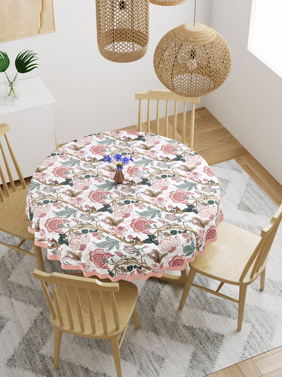 Gulaab Jaipur White & Pink Floral Printed 6-Seater Cotton Table Covers Price in India