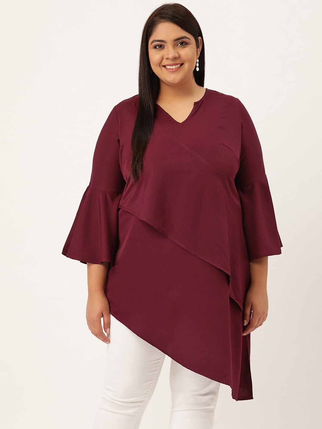 theRebelinme Burgundy Layered Crepe Wrap Longline Top Price in India