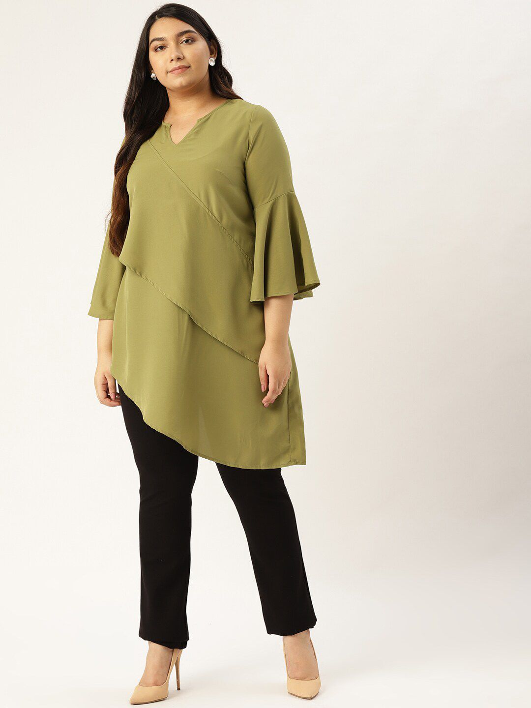 theRebelinme Plus Size Women Olive Green Layered Crepe Longline Top Price in India