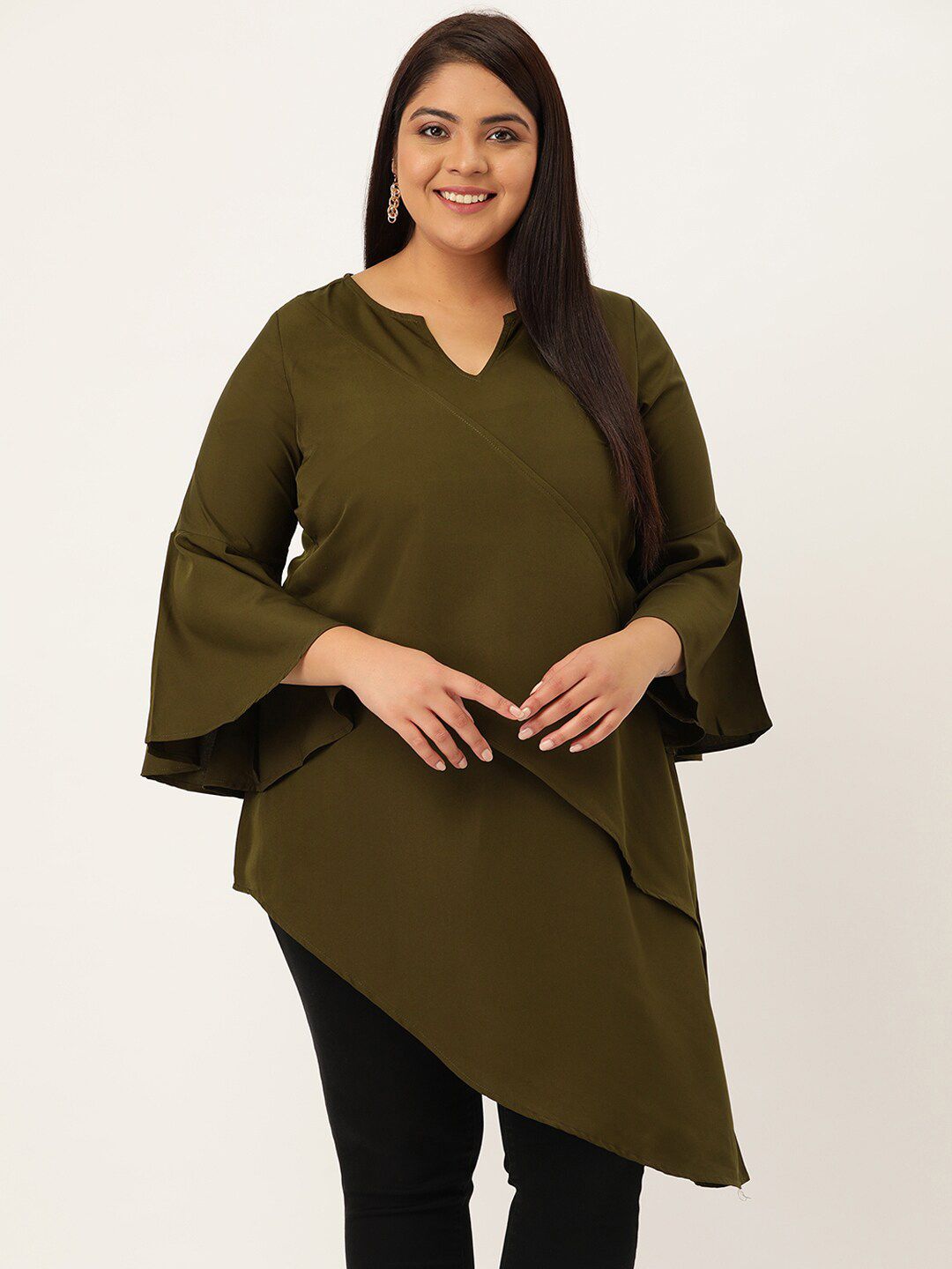theRebelinme Olive Green Layered Crepe High-Low Longline Top Price in India