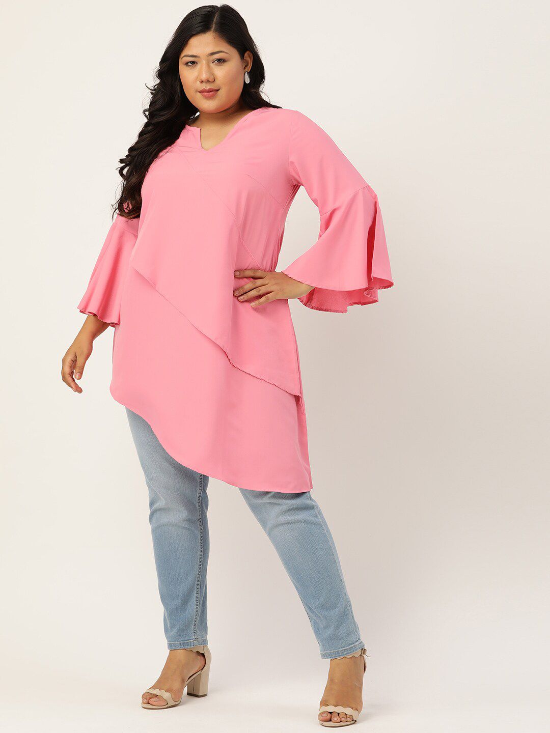 theRebelinme Pink Layered Crepe Longline Top Price in India