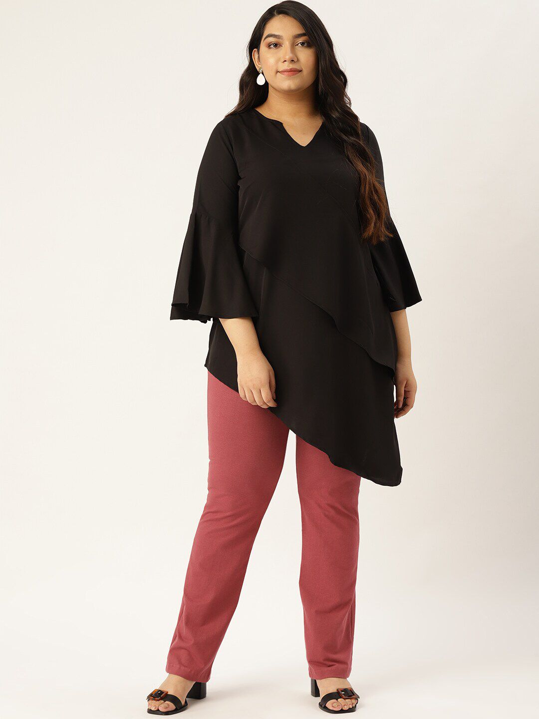 theRebelinme Plus-Size Black Layered Crepe Longline Top Price in India