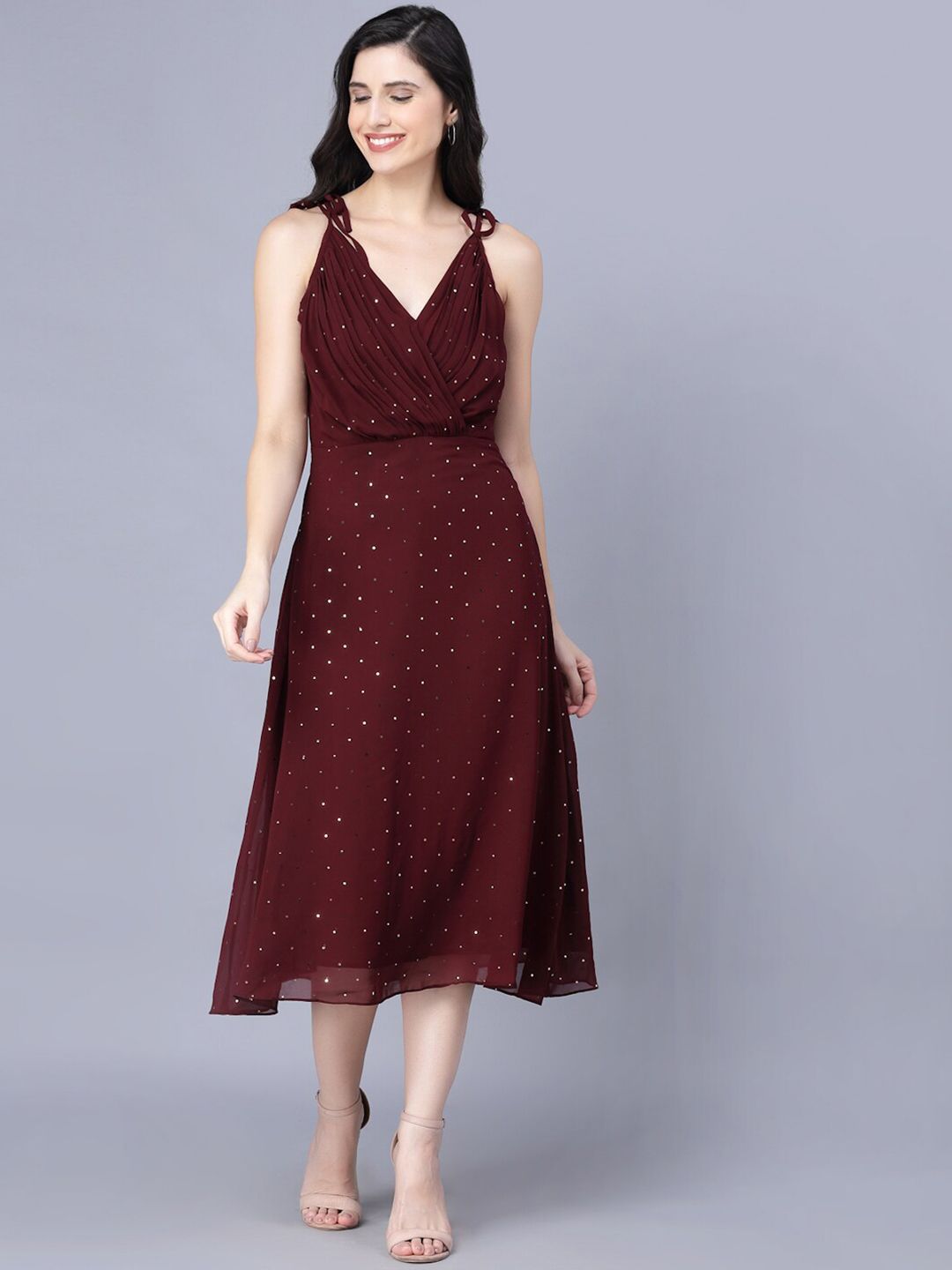 Myshka Maroon Georgette A-Line Midi Dress Price in India