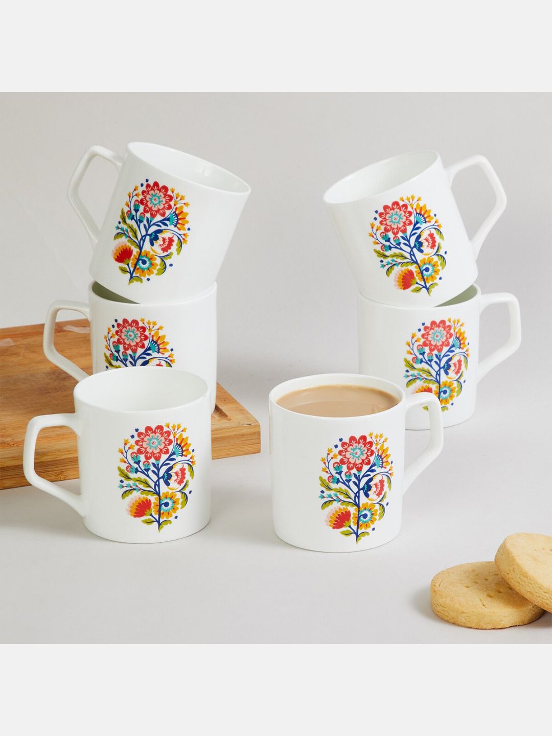 Home Centre White & Blue Floral Printed Bone China Glossy Mugs Set of Cups and Mugs Price in India