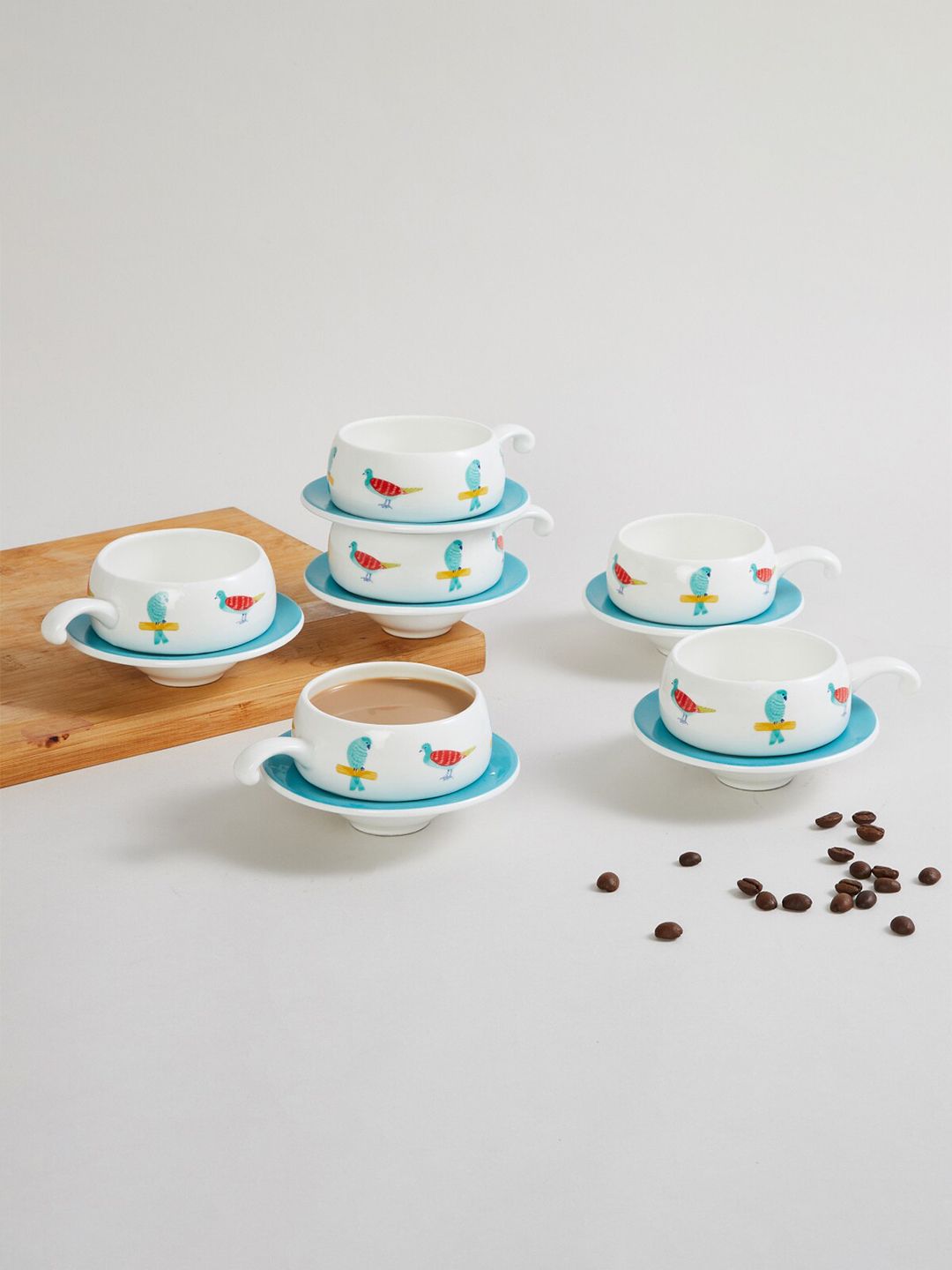 Home Centre White & Blue Printed Bone China Glossy Cups and Saucers Set of Cups and Mugs Price in India