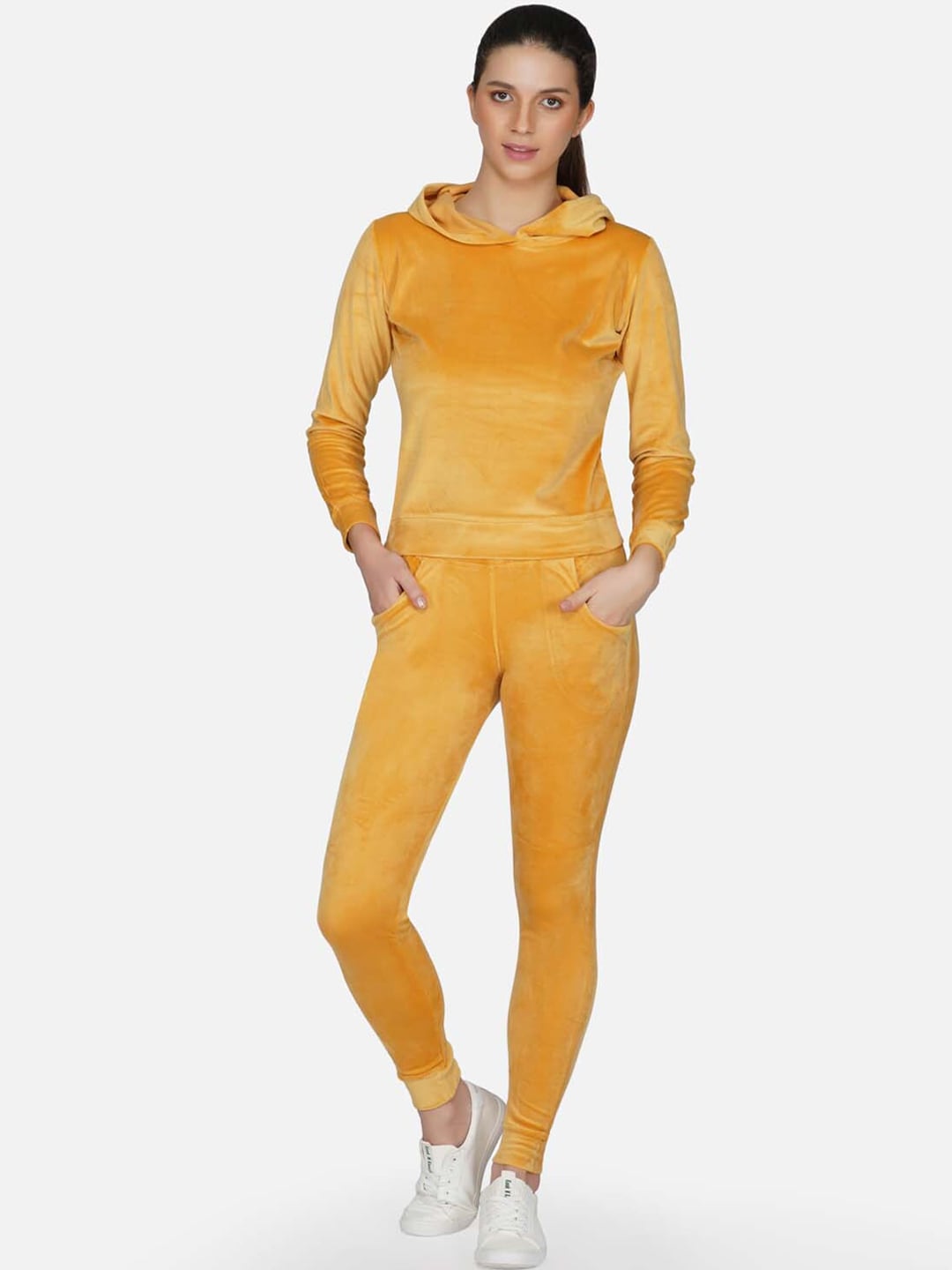 NEU LOOK FASHION Women Mustard Yellow Solid Slim-Fit Velvet Tracksuit Price in India