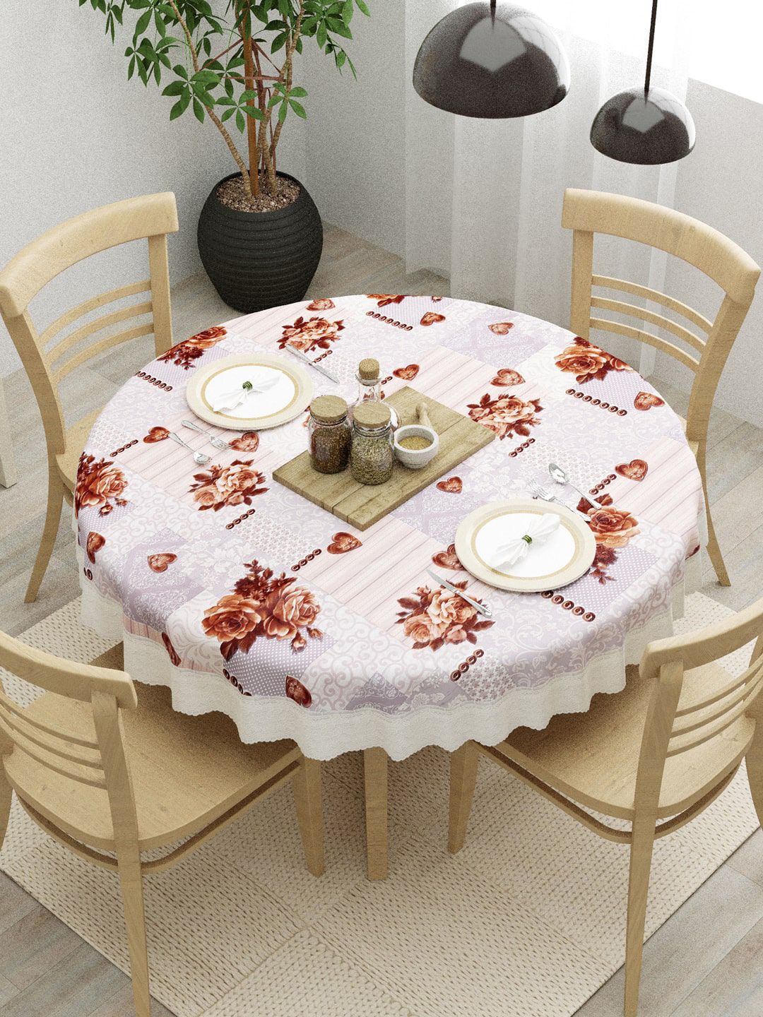 Clasiko Off- White & Brown Printed 4 Seater Table Cover Price in India