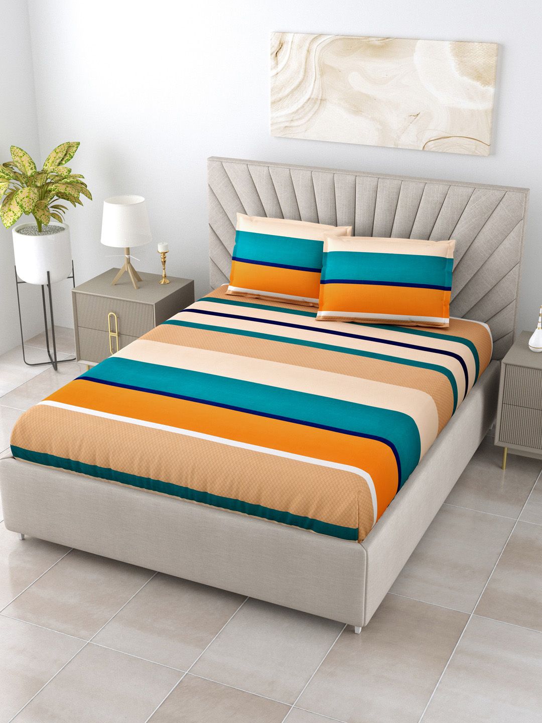 Salona Bichona Beige & Orange Striped 180 TC Queen Bedsheet with 2 Pillow Covers Price in India