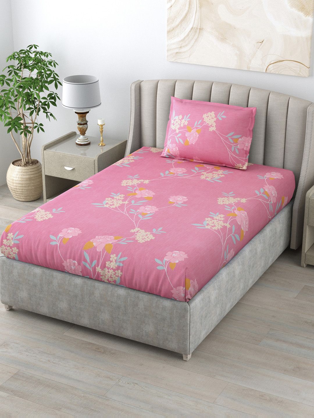 Salona Bichona Pink & Blue Floral 144 TC Single Bedsheet with 1 Pillow Covers Price in India