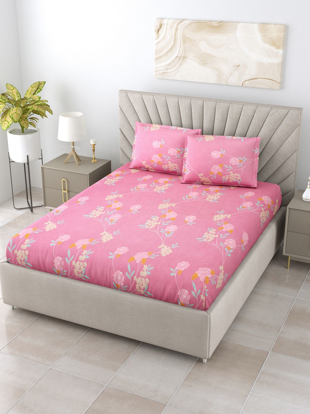 Salona Bichona Pink & Blue Floral 144 TC Queen Bedsheet with 2 Pillow Covers Price in India