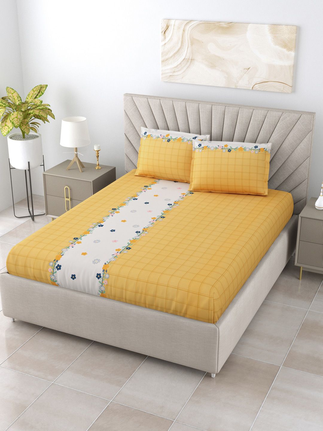 Salona Bichona Yellow & Blue Floral 180 TC Queen Bedsheet with 2 Pillow Covers Price in India