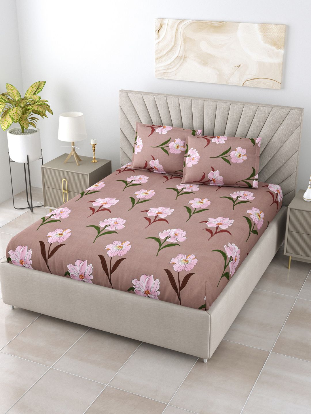 Salona Bichona Beige & Pink Floral 180 TC Queen Bedsheet with 2 Pillow Covers Price in India