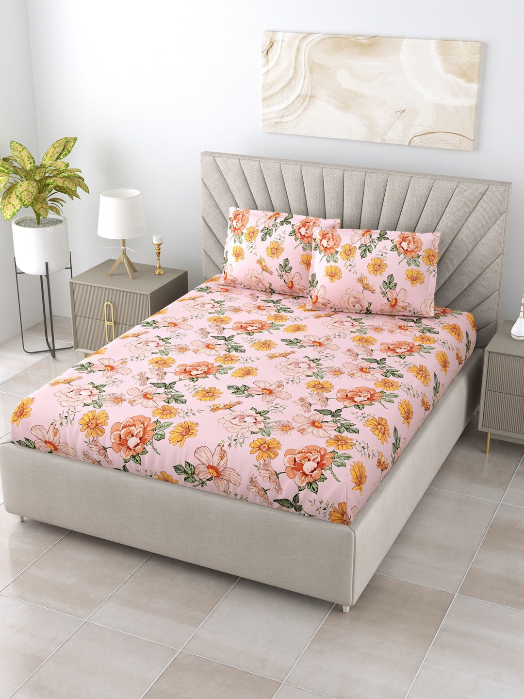 Salona Bichona Peach Printed 180 TC Double Queen Bedsheet with 2 Pillow Covers Price in India