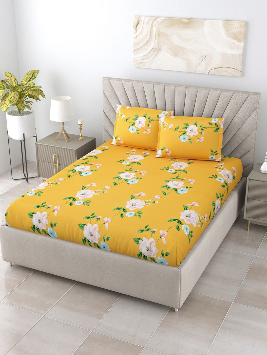 Salona Bichona Yellow & Green Floral 144 TC Queen Bedsheet with 2 Pillow Covers Price in India