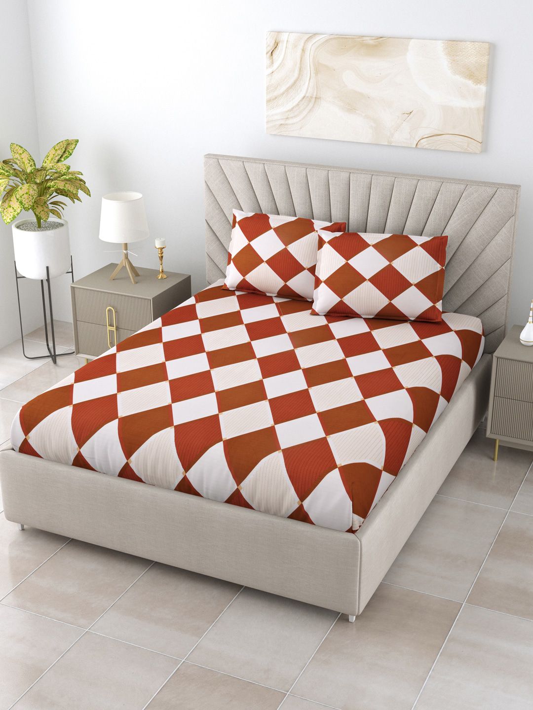 Salona Bichona Mustard & Red Geometric 180 TC Queen Bedsheet with 2 Pillow Covers Price in India