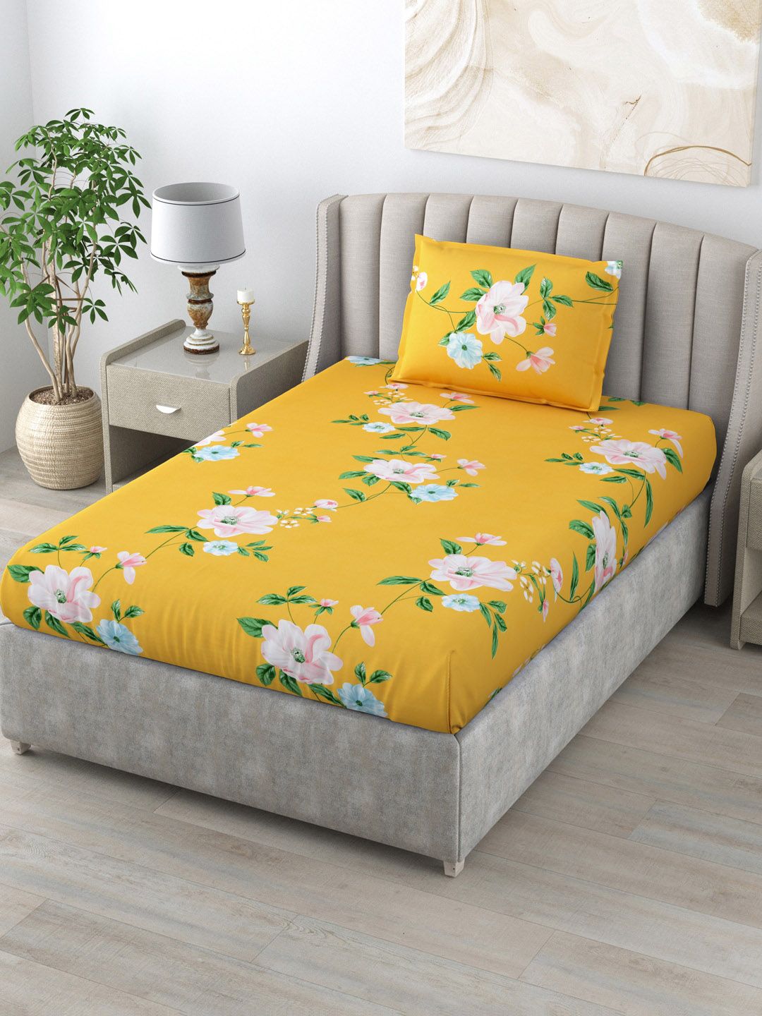Salona Bichona Yellow & Green Floral 144 TC Single Bedsheet with 1 Pillow Covers Price in India