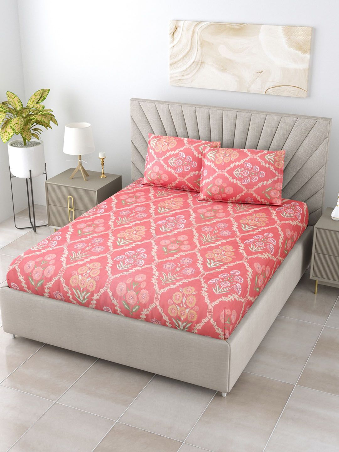 Salona Bichona Unisex Pink 144 TC Floral Polyester Double Bedsheet With Pillow Covers Price in India