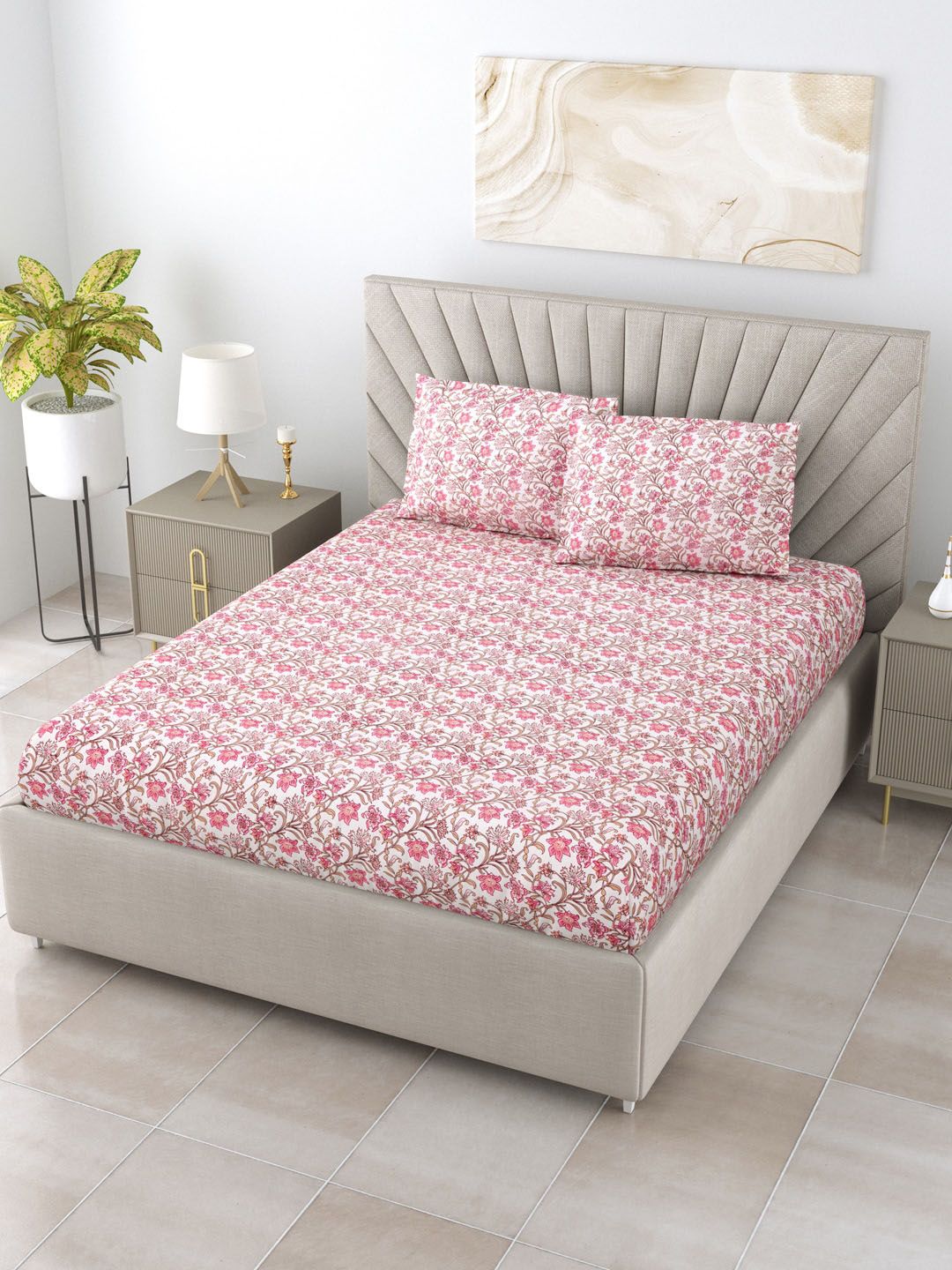 Salona Bichona Pink & Off White Floral 180 TC Queen Bedsheet with 2 Pillow Covers Price in India