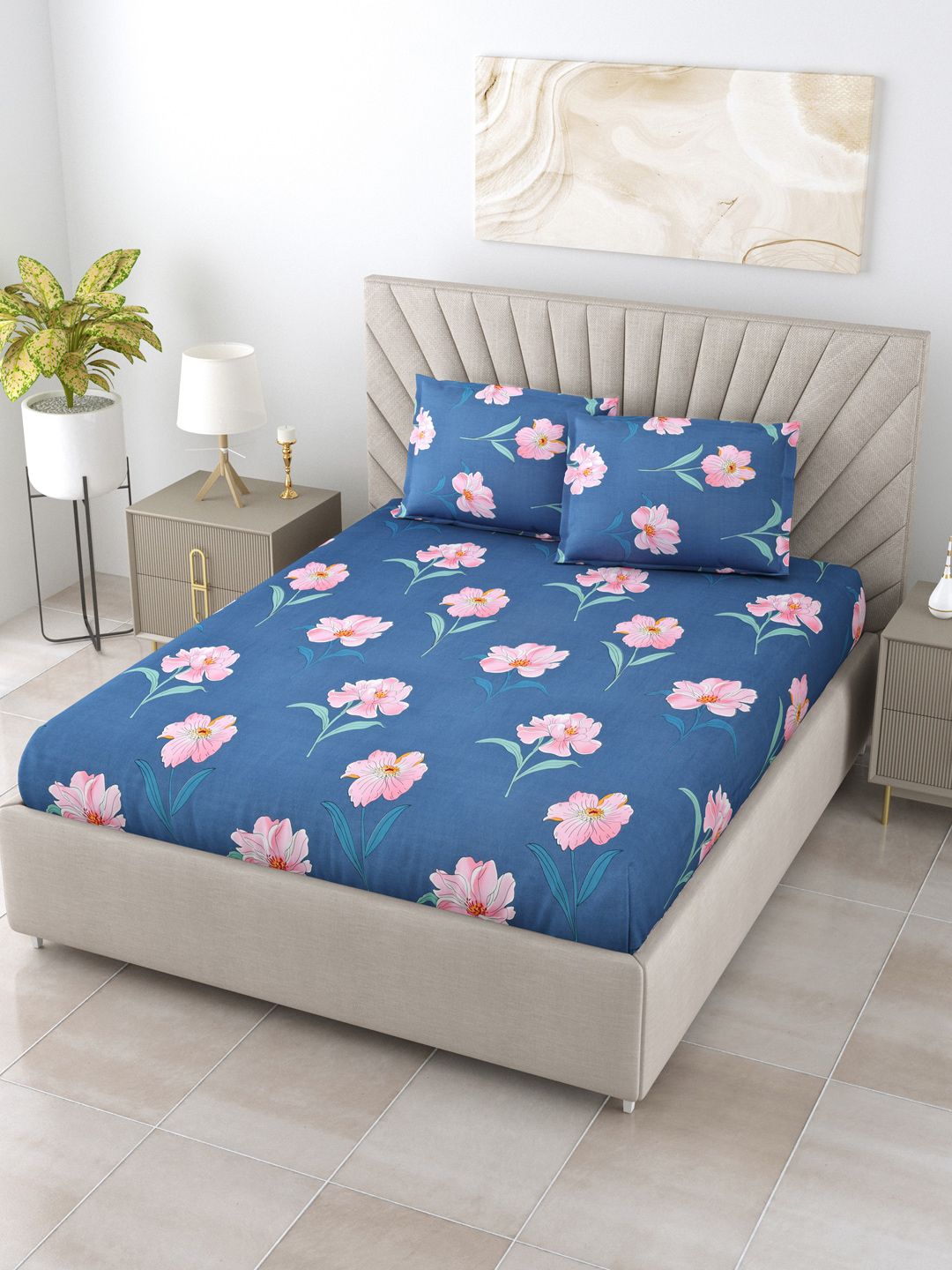 Salona Bichona Blue & Pink Floral 180 TC Queen Bedsheet with 2 Pillow Covers Price in India