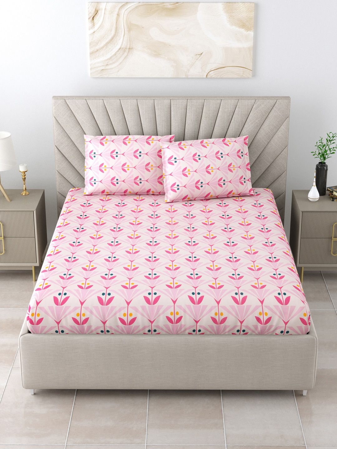 Salona Bichona Pink & Yellow Floral 144 TC Queen Bedsheet with 2 Pillow Covers Price in India