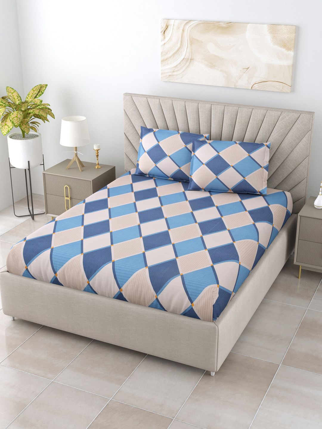 Salona Bichona Blue Printed 180 TC Double Queen Bedsheet with 2 Pillow Covers Price in India