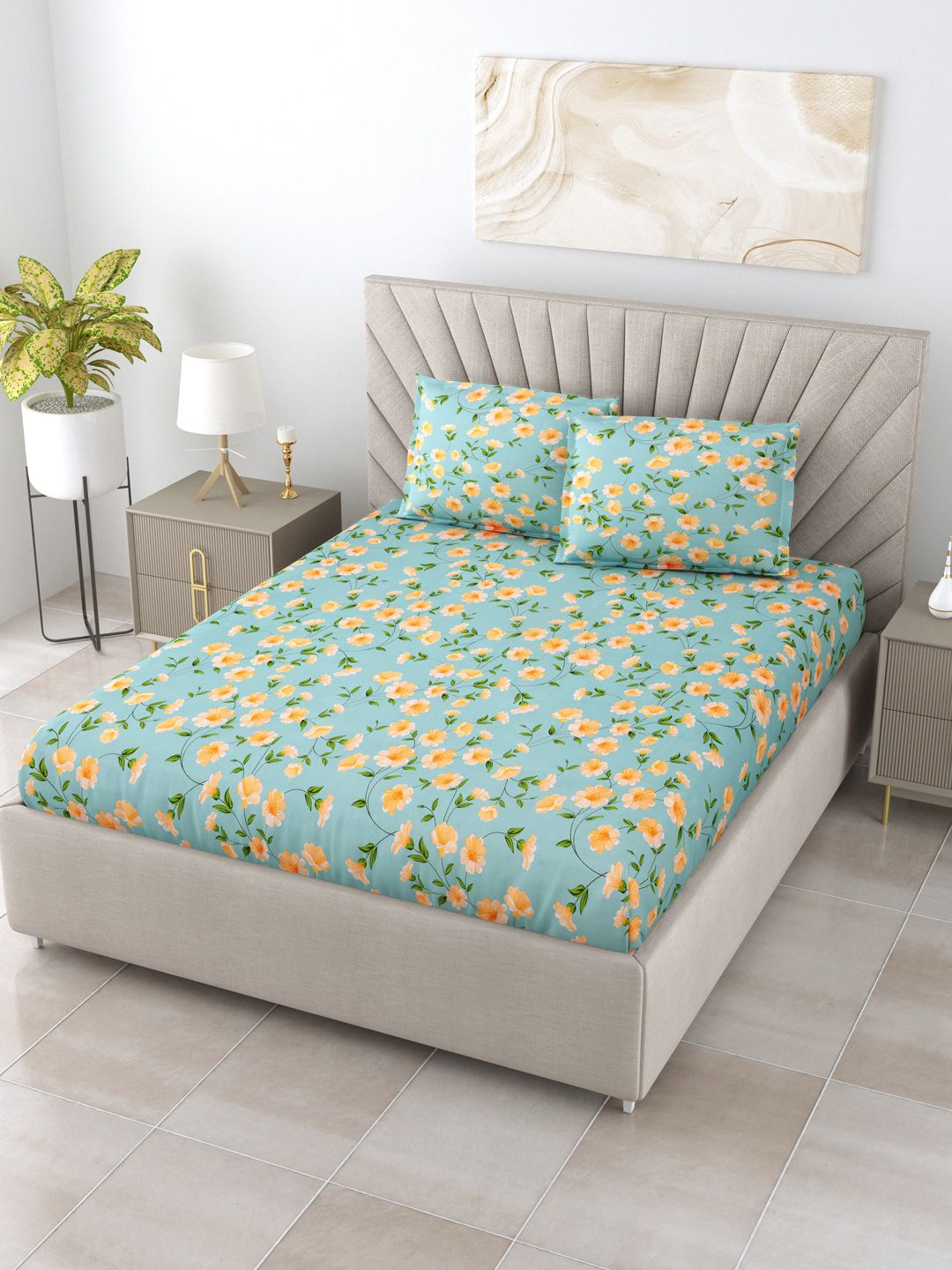 Salona Bichona Unisex Turquoise Blue Printed 180 TC Double Bedsheet with 2 Pillow Cover Price in India