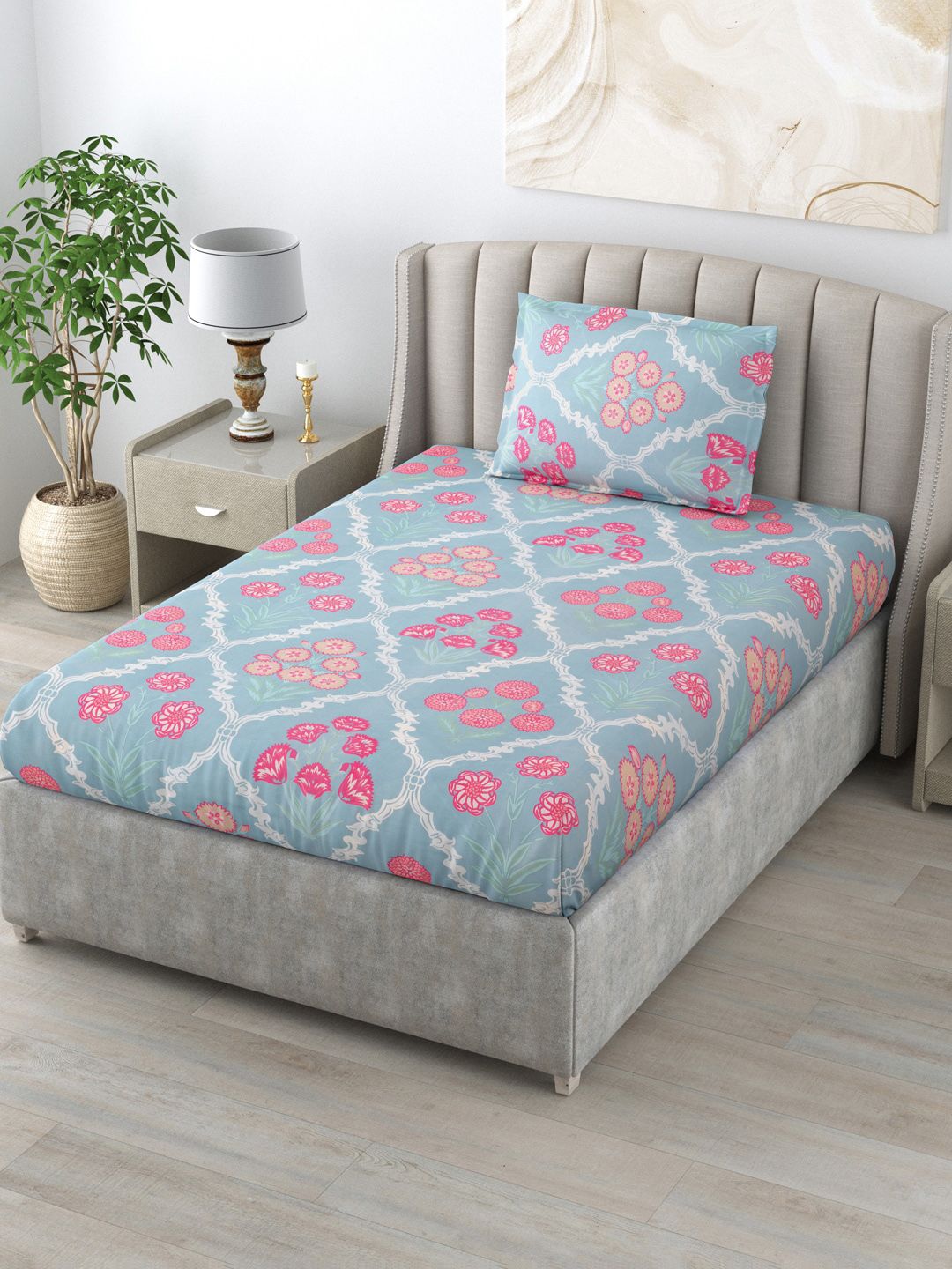 Salona Bichona  Blue Printed 144 TC Single Bedsheets with 1 Pillow Cover Price in India