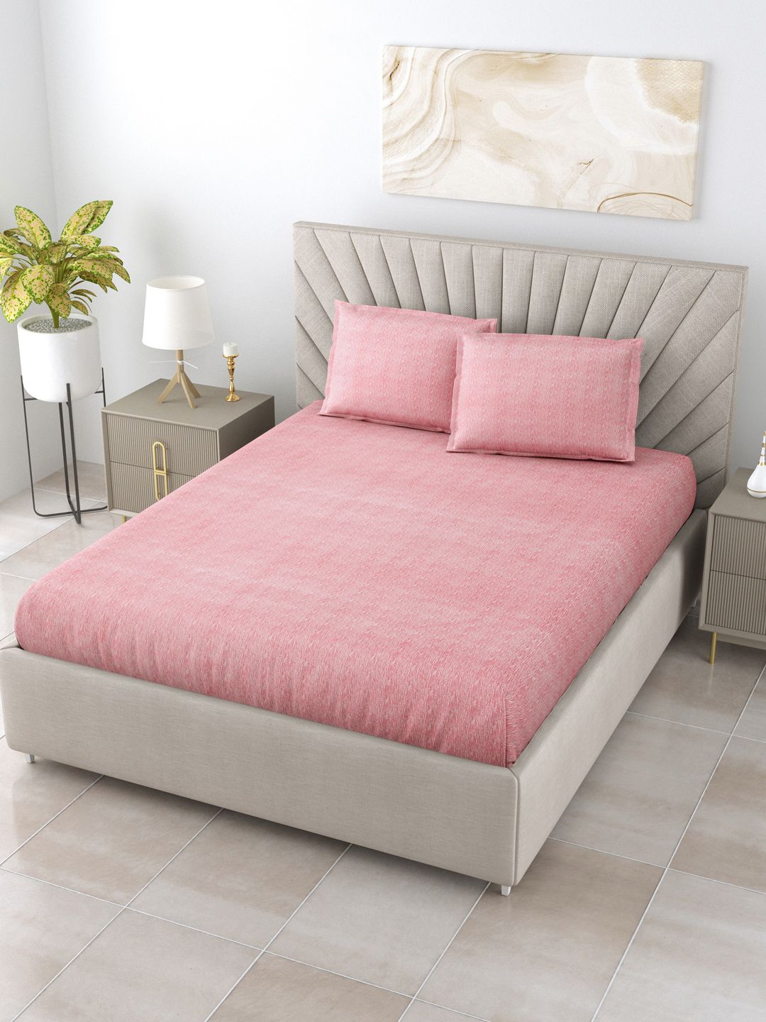 Salona Bichona Pink Striped 144 TC Queen Bedsheet with 2 Pillow Covers Price in India