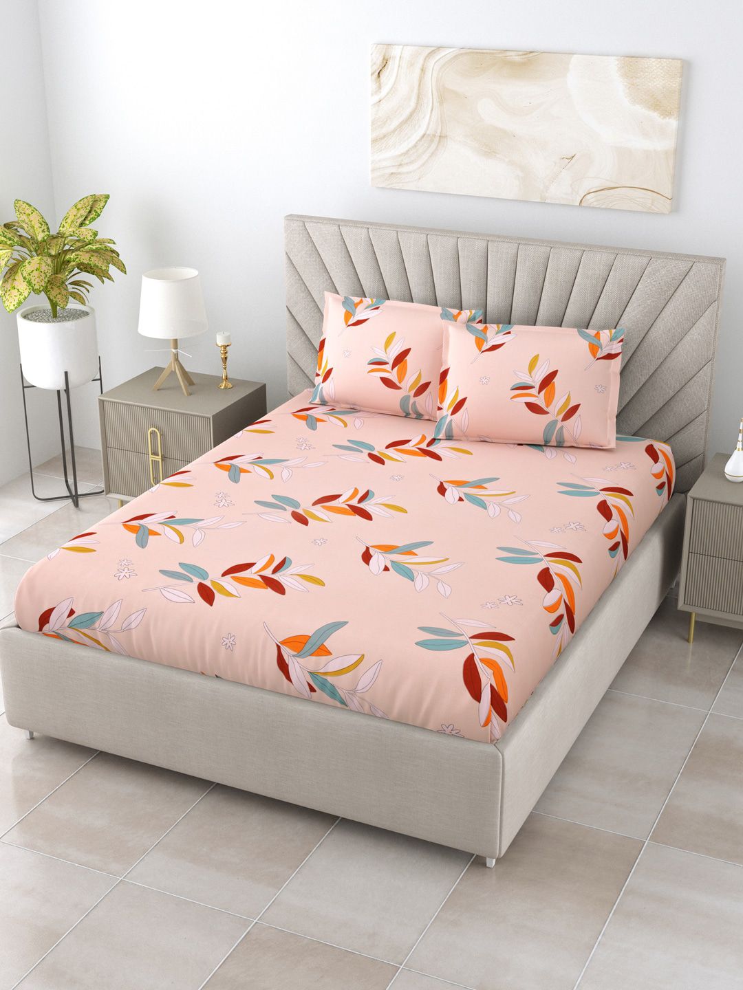 Salona Bichona Peach-Coloured & Blue Floral 180 TC Queen Bedsheet with 2 Pillow Covers Price in India