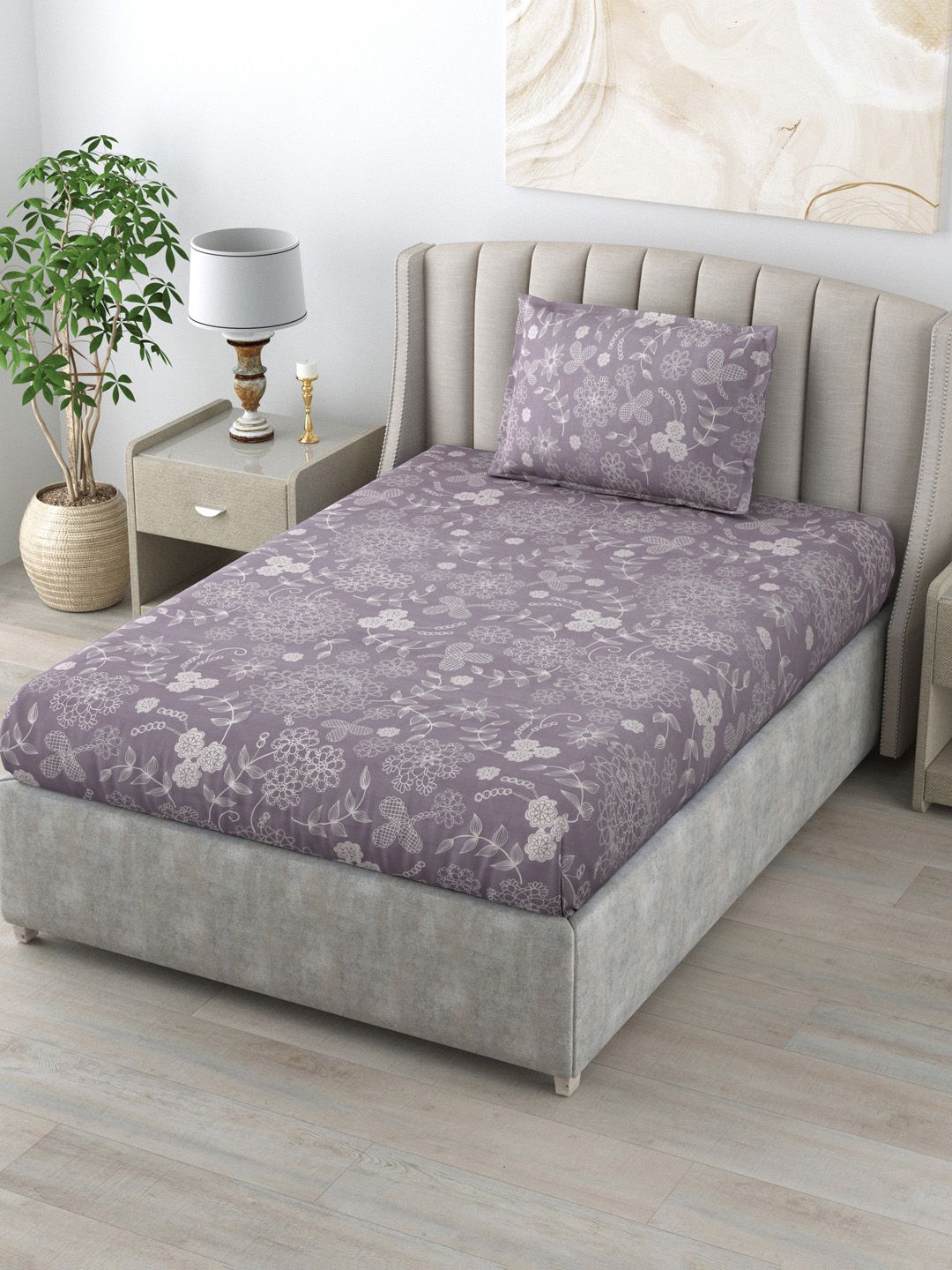 Salona Bichona Grey & White Floral 144 TC Single Bedsheet with 1 Pillow Cover Price in India