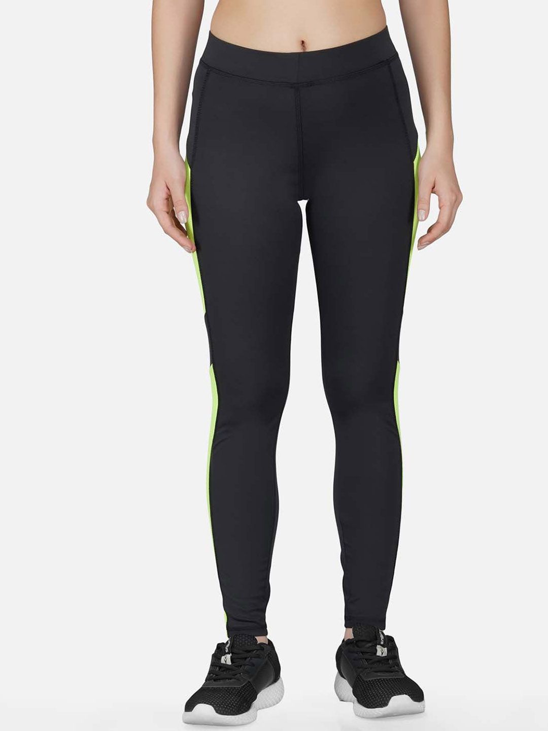 IMPERATIVE Women Black & Green Striped Slim fit Tights Price in India